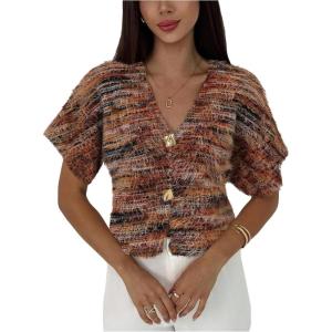 image:imageSOLY HUX Womens Short Sleeve Office Spring Winter Cardigan Sweater Button Down V Neck Slim Fit Elegant Knit TopsBrown Multi