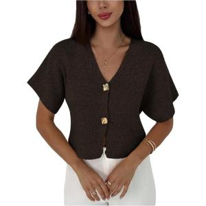 image:imageSOLY HUX Womens Short Sleeve Office Spring Winter Cardigan Sweater Button Down V Neck Slim Fit Elegant Knit TopsCoffee Brown