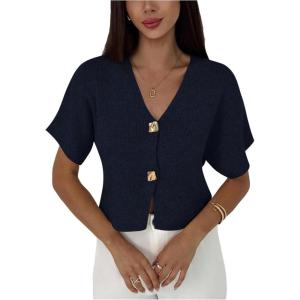 image:imageSOLY HUX Womens Short Sleeve Office Spring Winter Cardigan Sweater Button Down V Neck Slim Fit Elegant Knit TopsDark Blue