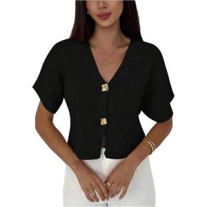 image:imageSOLY HUX Womens Short Sleeve Office Spring Winter Cardigan Sweater Button Down V Neck Slim Fit Elegant Knit TopsPlain Black