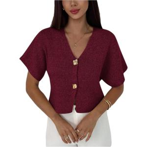image:imageSOLY HUX Womens Short Sleeve Office Spring Winter Cardigan Sweater Button Down V Neck Slim Fit Elegant Knit TopsPlain Burgundy
