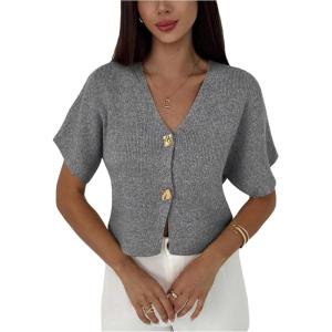 image:imageSOLY HUX Womens Short Sleeve Office Spring Winter Cardigan Sweater Button Down V Neck Slim Fit Elegant Knit TopsPlain Grey