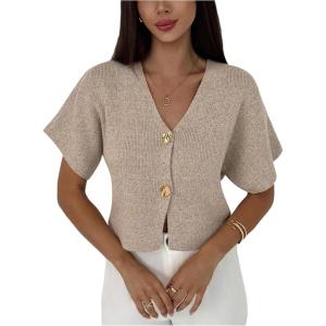 image:imageSOLY HUX Womens Short Sleeve Office Spring Winter Cardigan Sweater Button Down V Neck Slim Fit Elegant Knit TopsPlain Khaki