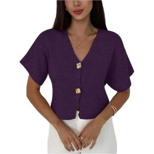 image:imageSOLY HUX Womens Short Sleeve Office Spring Winter Cardigan Sweater Button Down V Neck Slim Fit Elegant Knit TopsPlain Purple