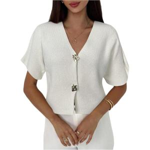 image:imageSOLY HUX Womens Short Sleeve Office Spring Winter Cardigan Sweater Button Down V Neck Slim Fit Elegant Knit TopsPlain White