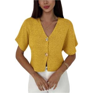 image:imageSOLY HUX Womens Short Sleeve Office Spring Winter Cardigan Sweater Button Down V Neck Slim Fit Elegant Knit TopsPlain Yellow