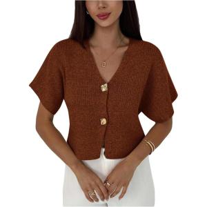 image:imageSOLY HUX Womens Short Sleeve Office Spring Winter Cardigan Sweater Button Down V Neck Slim Fit Elegant Knit TopsPure Brown