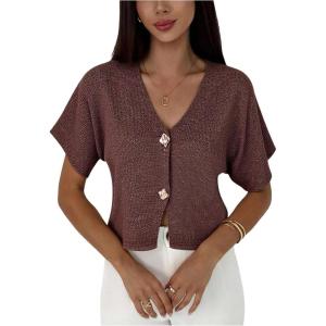 image:imageSOLY HUX Womens Short Sleeve Office Spring Winter Cardigan Sweater Button Down V Neck Slim Fit Elegant Knit TopsRust Brown