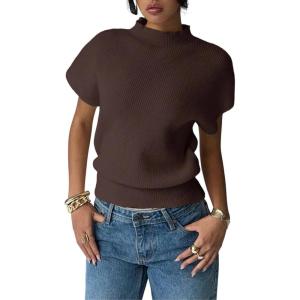 image:imageSOLY HUX Womens Short Sleeve Sweater Pullover Mock Neck Ribbed Knit Tops Work Office OutfitCoffee Brown