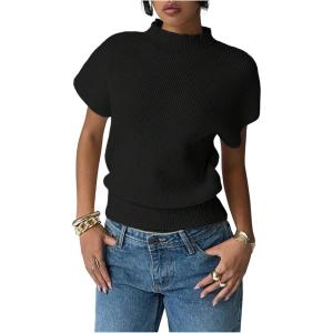 image:imageSOLY HUX Womens Short Sleeve Sweater Pullover Mock Neck Ribbed Knit Tops Work Office OutfitPlain Black