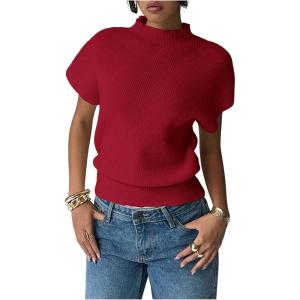 image:imageSOLY HUX Womens Short Sleeve Sweater Pullover Mock Neck Ribbed Knit Tops Work Office OutfitPlain Burgundy