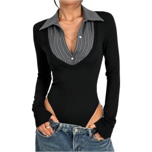 image:imageSOLY HUX Womens Striped Long Sleeve Bodysuits Button Down Tshirts Collared 2 in 1 Tops Preppy ClothesBlack Grey Striped