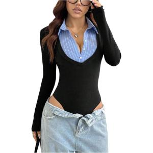 image:imageSOLY HUX Womens Striped Long Sleeve Bodysuits Button Down Tshirts Collared 2 in 1 Tops Preppy ClothesBlack Striped