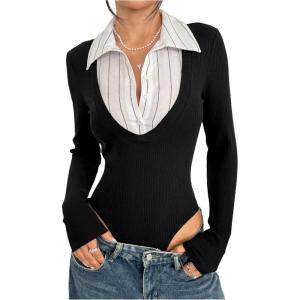 image:imageSOLY HUX Womens Striped Long Sleeve Bodysuits Button Down Tshirts Collared 2 in 1 Tops Preppy ClothesBlack and White