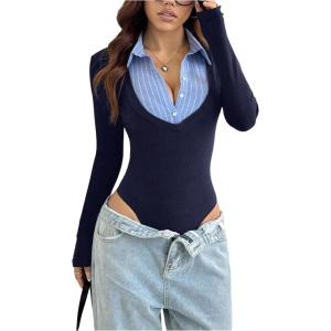 image:imageSOLY HUX Womens Striped Long Sleeve Bodysuits Button Down Tshirts Collared 2 in 1 Tops Preppy ClothesDark Blue