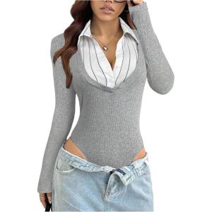 image:imageSOLY HUX Womens Striped Long Sleeve Bodysuits Button Down Tshirts Collared 2 in 1 Tops Preppy ClothesGrey and White