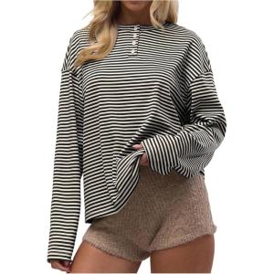 image:imageSOLY HUX Womens Striped Long Sleeve T Shirts Henley Tops Crew Neck Button Classic Tees Fall ClothesBlack Striped