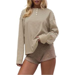 image:imageSOLY HUX Womens Striped Long Sleeve T Shirts Henley Tops Crew Neck Button Classic Tees Fall ClothesBrown