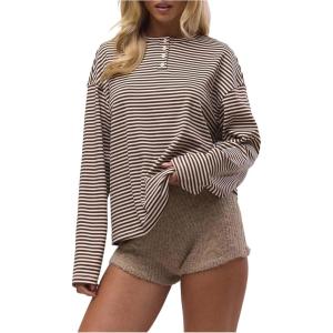 image:imageSOLY HUX Womens Striped Long Sleeve T Shirts Henley Tops Crew Neck Button Classic Tees Fall ClothesBrown Striped