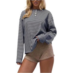 image:imageSOLY HUX Womens Striped Long Sleeve T Shirts Henley Tops Crew Neck Button Classic Tees Fall ClothesDark Blue Striped