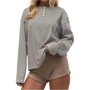 image:imageSOLY HUX Womens Striped Long Sleeve T Shirts Henley Tops Crew Neck Button Classic Tees Fall ClothesGrey Striped