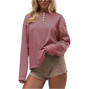 image:imageSOLY HUX Womens Striped Long Sleeve T Shirts Henley Tops Crew Neck Button Classic Tees Fall ClothesRed Striped
