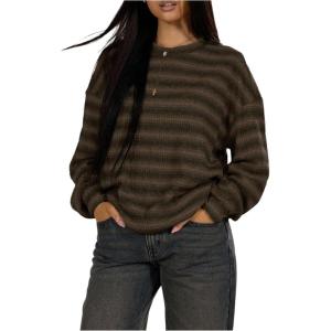image:imageSOLY HUX Womens Striped Sweater Waffle Knit Tops for Women Long Sleeve Shirts Casual Lightweight Fall TopsBrown Striped