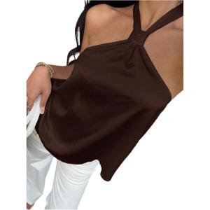 image:imageSOLY HUX Womens Summer Halter Tops Silk Satin Tie Backless Sleeveless Going Out TopPure Chocolate Brown