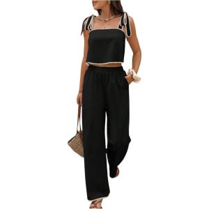 image:imageSOLY HUX Womens Summer Vacation 2 Piece Set Tie Shoulder Crop Top and Pants Travel OutfitsPure Black