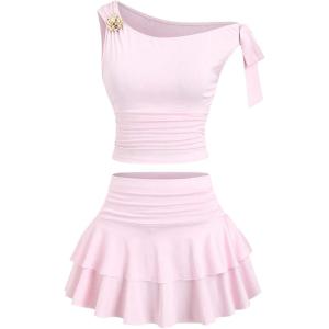 image:imageSOLY HUX Womens Two Piece Skirt Set Off The Shoulder Y2k Crop Top Ruffle Mini Skirts Going Out OutfitsLight Pink