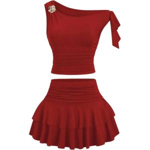 image:imageSOLY HUX Womens Two Piece Skirt Set Off The Shoulder Y2k Crop Top Ruffle Mini Skirts Going Out OutfitsPure Red