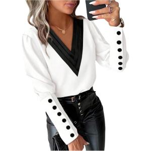 image:imageSOLY HUX Womens V Neck Blouse Button Long Sleeve Casual Business Work Shirt TopsBlack and White