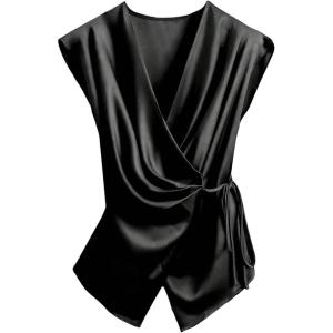 image:imageSOLY HUX Womens V Neck Satin Blouse Wrap Tie Side Sleeveless Shirt Summer Business Casual TopsPure Black