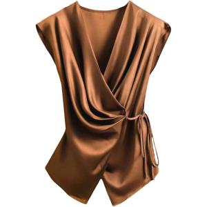image:imageSOLY HUX Womens V Neck Satin Blouse Wrap Tie Side Sleeveless Shirt Summer Business Casual TopsPure Brown