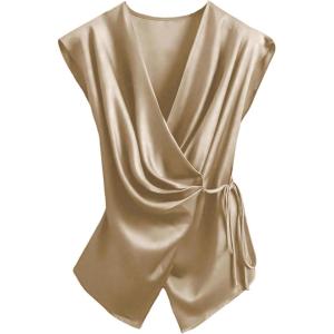 image:imageSOLY HUX Womens V Neck Satin Blouse Wrap Tie Side Sleeveless Shirt Summer Business Casual TopsPure Khaki