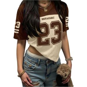 image:imageSOLY HUX Womens Y2k Jersey Tee Number Print V Neck Short Sleeve Oversized Graphic Tshirts Preppy ClothesBrown Khaki