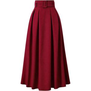 image:imageSOLY HUX Womens High Waisted Elegant Pleated Long Skirt A Line Belted Swing Fall Office SkirtsPure Red