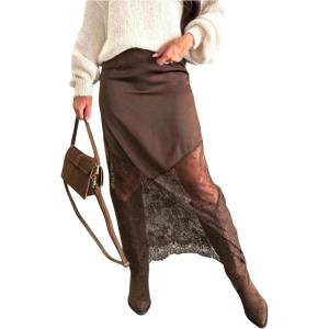 image:imageSOLY HUX Womens Lace Bodycon Long Skirts High Waisted See Through Elegant Boho SkirtCoffee Brown