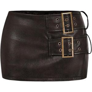 image:imageSOLY HUX Womens PU Leather Mini Skirt Low Rise Pleather Skort Buckle Bodycon Party Club Skirts with Shorts UnderneathPlain Brown