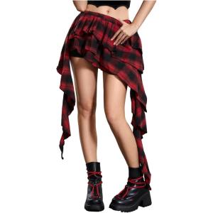 image:imageSOLY HUX Womens Plaid Ruffle Mini Skirt Y2k A Line Layered Asymmetrical Hem Skirts with Shorts UnderneathRed