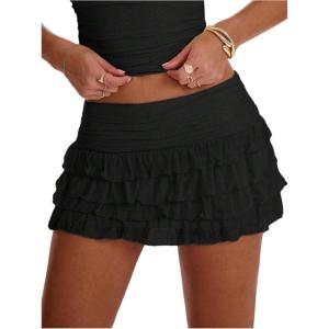 image:imageSOLY HUX Womens Polka Dots Ruffle Mini Skirt Layered Low Rise Ruched Y2k A Line SkirtsPure Black