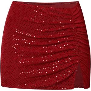image:imageSOLY HUX Womens Sequin Sparkly Skirt High Waisted Ruched Split Hem Going Out Mini SkirtsRed