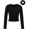 image:imageSOLY HUX Girls Long Sleeve T Shirt Crew Neck Ruched Slim Fitted Basic Tee Cute Fall Tops with Hair TiesPure Black