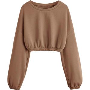 image:imageSOLY HUX Girls Casual Crewneck Cropped Sweatshirt Long Sleeve Drop Shoulder Pullover TopsPure Mocha Brown