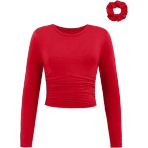 image:imageSOLY HUX Girls Long Sleeve T Shirt Crew Neck Ruched Slim Fitted Basic Tee Cute Fall Tops with Hair TiesPure Red