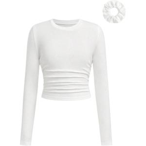 image:imageSOLY HUX Girls Long Sleeve T Shirt Crew Neck Ruched Slim Fitted Basic Tee Cute Fall Tops with Hair TiesPure White