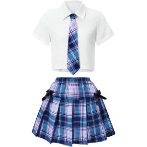 image:imageSOLY HUX Girls Plaid Skirt Set 3 Piece Outfit Uniform Short Sleeve Shirts Pleated Skirts with Bow Tie Preppy ClothesBlue White Plaid