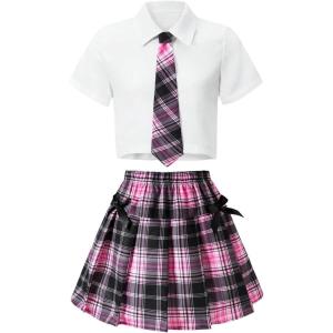 image:imageSOLY HUX Girls Plaid Skirt Set 3 Piece Outfit Uniform Short Sleeve Shirts Pleated Skirts with Bow Tie Preppy ClothesWhite Pink Plaid