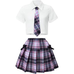 image:imageSOLY HUX Girls Plaid Skirt Set 3 Piece Outfit Uniform Short Sleeve Shirts Pleated Skirts with Bow Tie Preppy ClothesWhite Purple Plaid