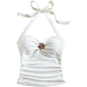 image:imageSOLY HUX Girls Summer Ruched Halter Top Metal Decor Tie Back Sleeveless Tank Cute Vacation TopsPlain White